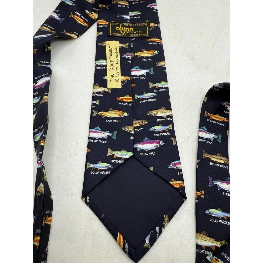 Alynn Neckwear The Trout Family Tie Navy Multicolor Fish 3.25” X 58.5”